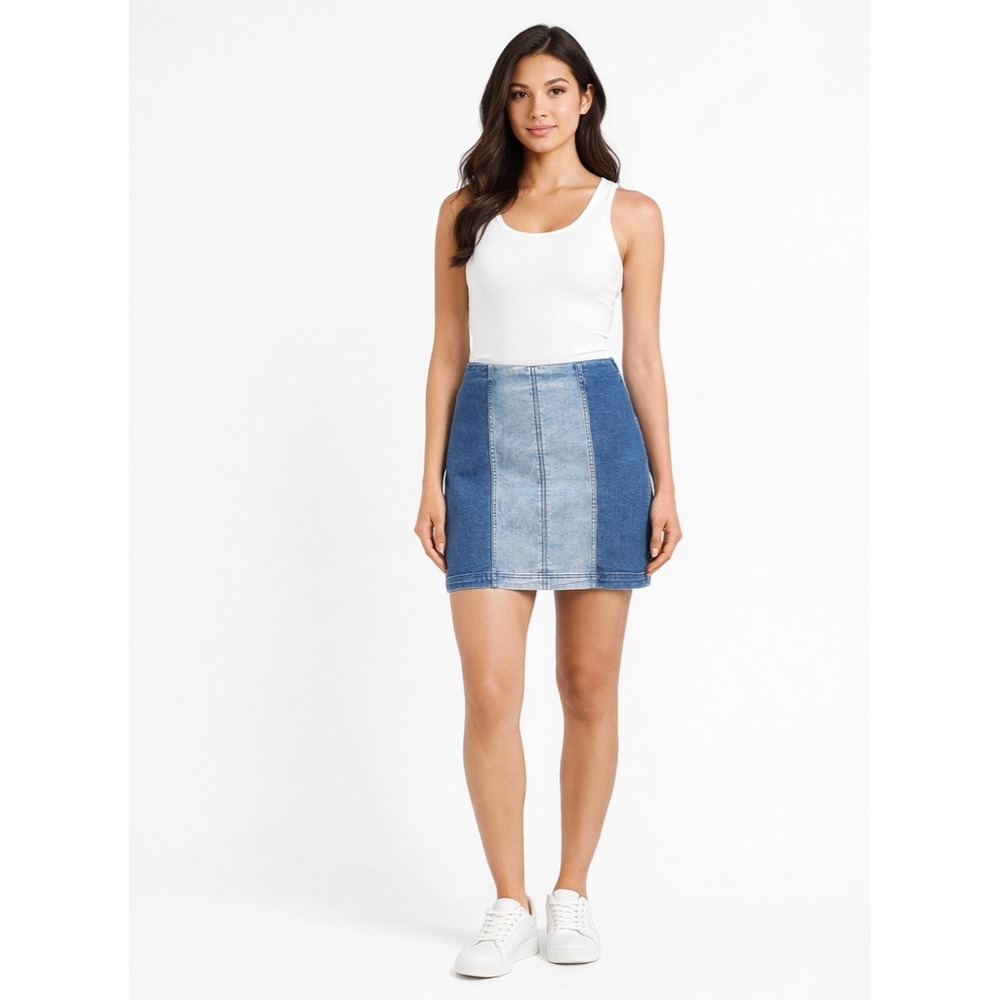 FREE PEOPLE Two-Tone Denim Mini Skirt‎ Size 10 Stretch Panel High Rise